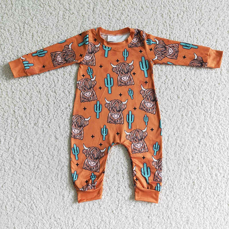 

Baby Boy Western Highland Cow New Romper Brown Long Sleeve Cactus Bodysuit Snap Botton Jumpsuit Kids Toddler One-piece Clothes