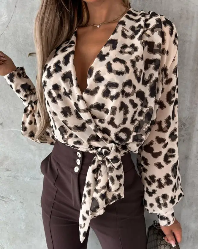 

Leopard Print Lantern Long Sleeved Cross Overlapping Lace Up Detail Wrapped Casual Shirt Thin Summer Commuting Versatile Top