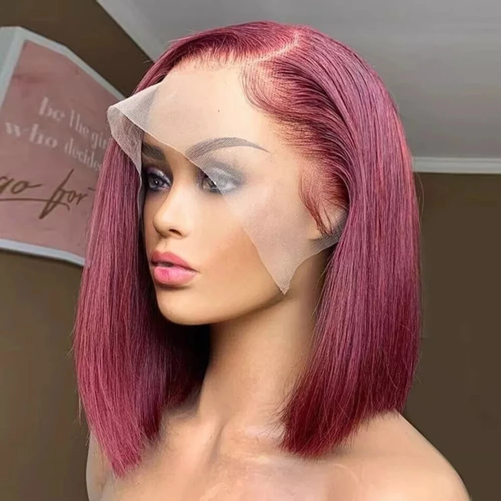 

Burgundy Straight Short Bob Human Hair Wig 200% Density 99J Brazilian Bob Wig Human Hair 13x4 Lace Pre Plucked For Black Women