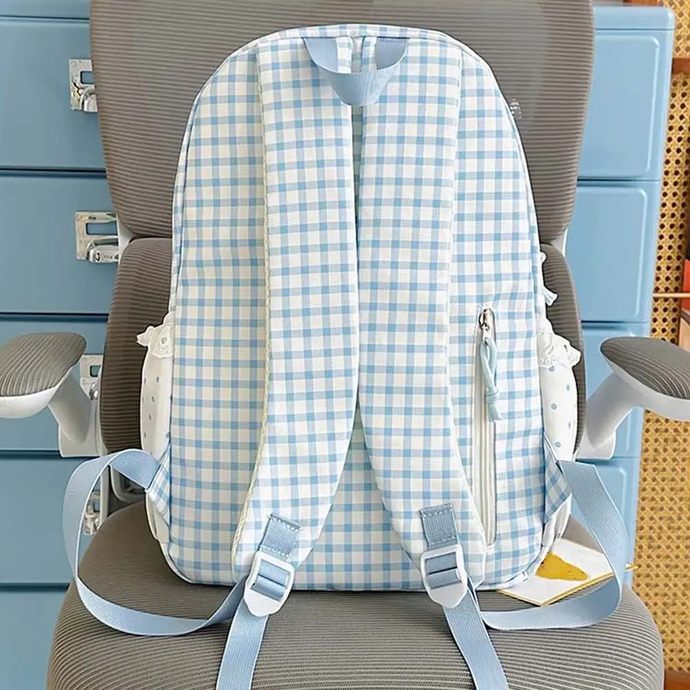 Koreanischer Gingham-Rucksack in Pastellfarben mit Rüschen-Design, Spitzen-Schultasche, verstellbare Träger, gepunkteter Karo-Tagesrucksack für den täglichen Gebrauch und Reisen – Detail 9