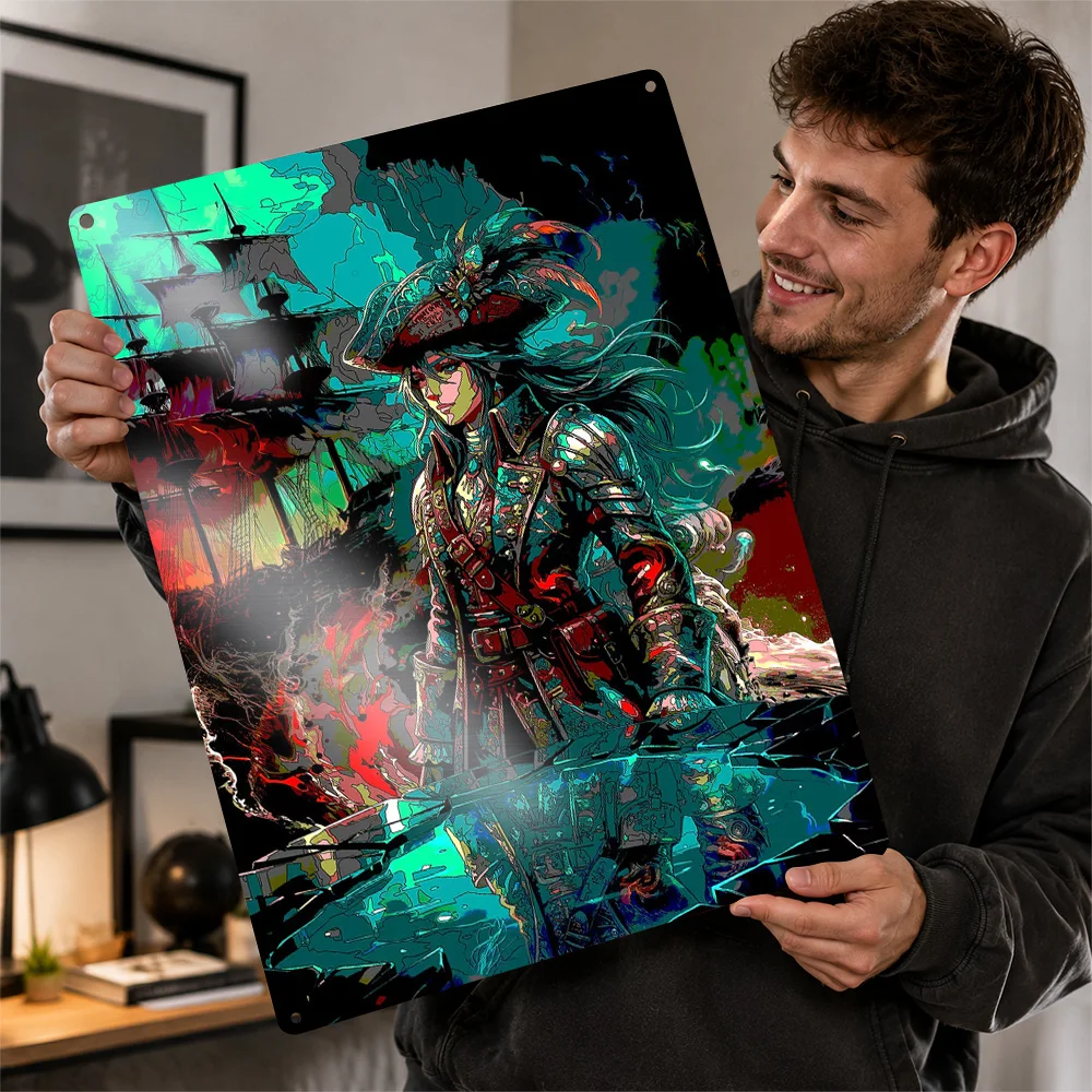 Pirate Captain With Ships Printed Poster Customized Aluminum Metal Sign Dark Folklore Wall Art Enhances Bedrooms And Libraries