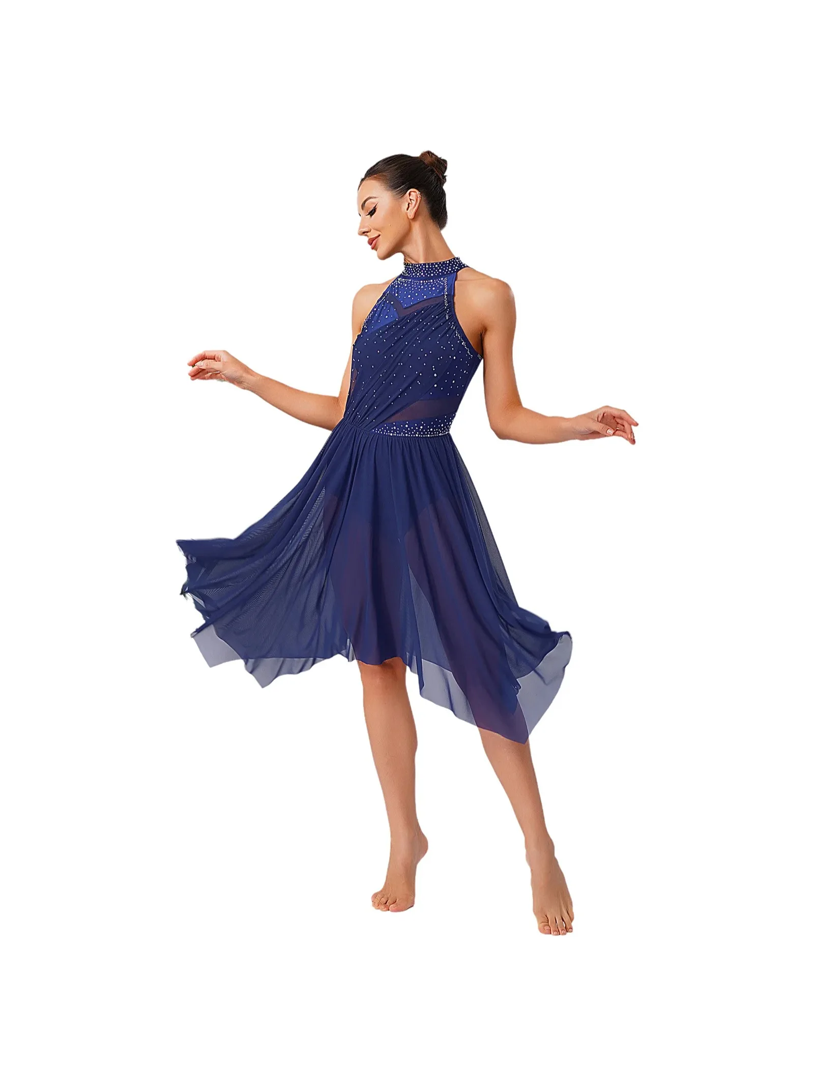 Robe de danse lyrique moderne pour femmes, strass, col licou, maille irrégulière, à volants, pour salle de bal, valse, patinage, vêtements de danse