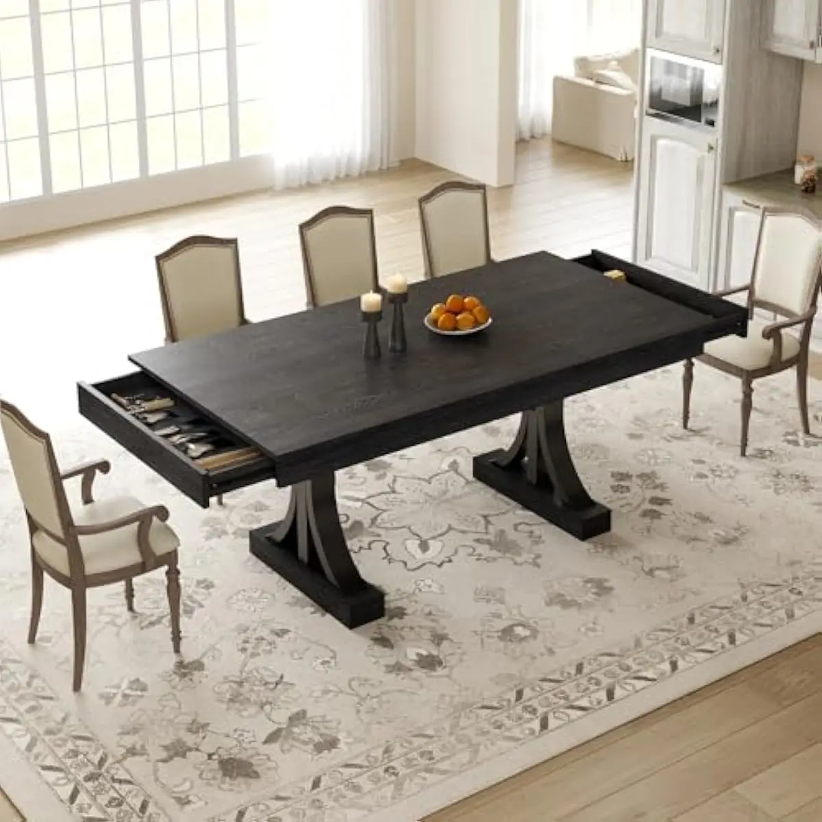 71-inch rectangular industrial dining table for 6 to 8 persons featuring dual end-mounted drawers, robust iron frame with reinfo