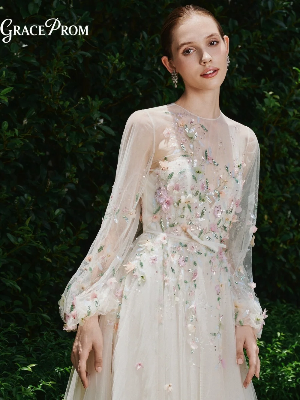 

Glamorous Off White Floral Appliqué Tulle Evening Gown 2026 Long Sheer Sleeve A Line Party Dress For Wedding Guests فساتين سهرة
