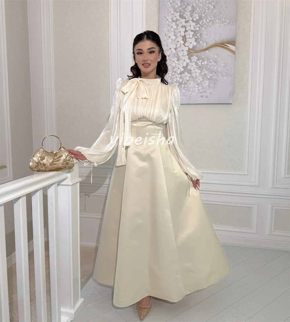 ที่กําหนดเองสไตล์โมเดิร์นคลาสสิก Charmeuse Rhinestone Bow A-Line คอข้อเท้าความยาวชุด Bespoke โอกาสอย่างเป็นทางการ