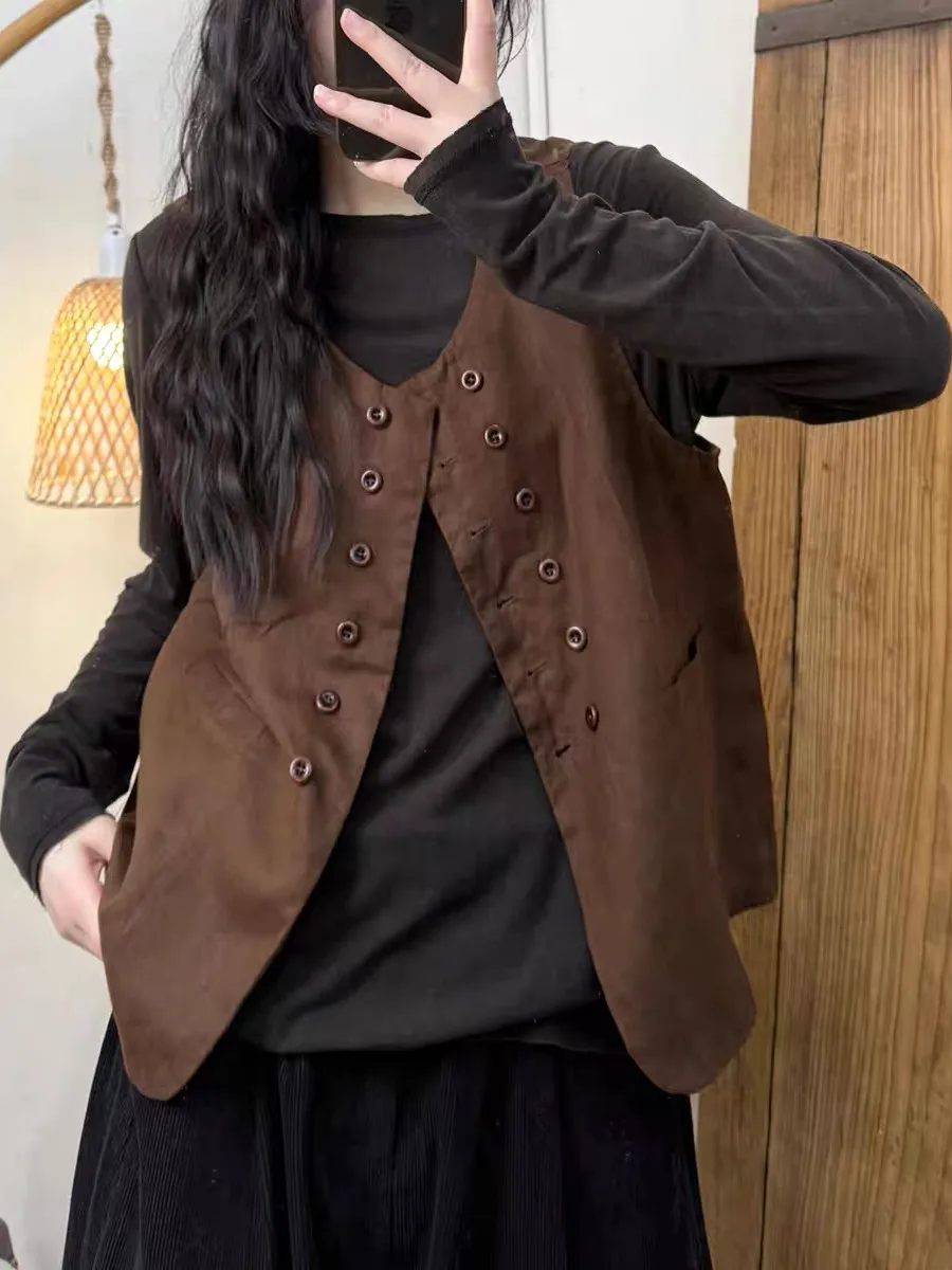 เสื้อกั๊กผ้าลินินทรงหลวมแบบมีสไตล์ ติดกระดุมสองแถว ดีไซน์ซ้อนชั้นลำลอง พร้อมแผ่นเสริมไหล่ สำหรับฤดูร้อน แฟชั่นไซส์พลัสสำหรับผู้หญิง
