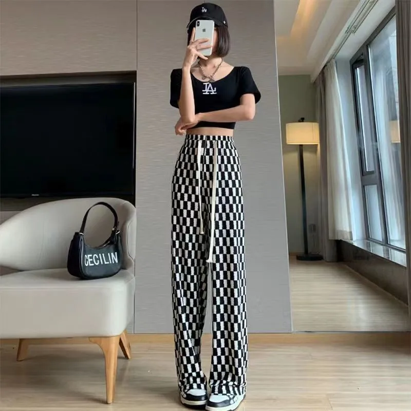 

Women Straight Wide Leg Pants Summer High Waist Causal Trousers Plaid Checkerboard Solid Pants Korean Fashion Harajuku JJ-054