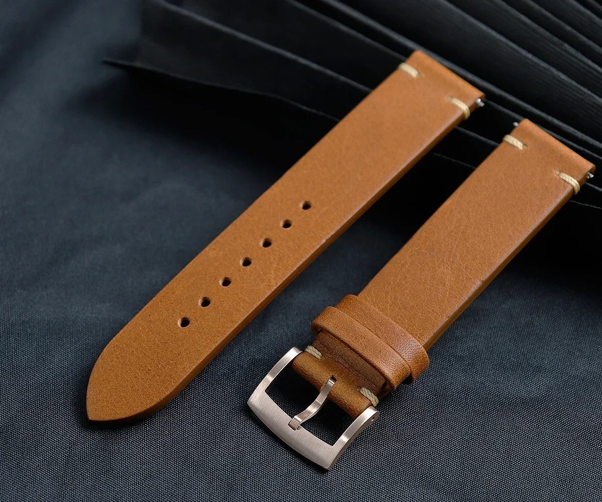 Cronos Genuine Leather Strap for Watch Flat Ends 20mm Bronze Tongue Buckle With Quick Release Spring Bars For L6006