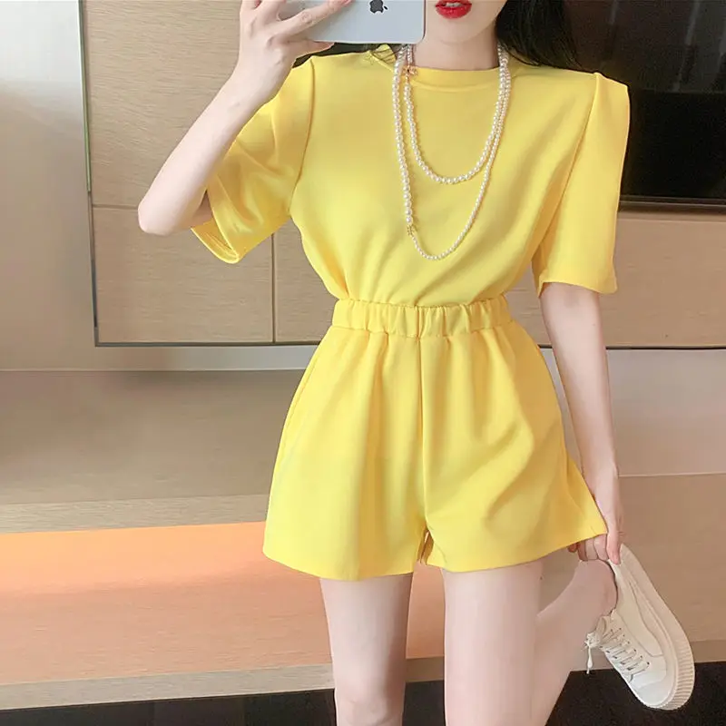 2024 New Summer Casual Korean Solid Color SO-neck Short Sleeve Matching Sets Simplicity Elastic Waist Short Sets Women Clothing