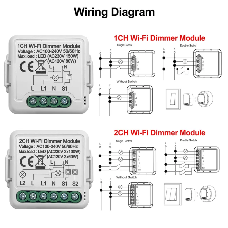 CS-Tuya Wifi Smart Dimmer Switch Module 10A Support 2 Way Control 2 Gang Compatible For Google Home Alexa Smart Life App Durable
