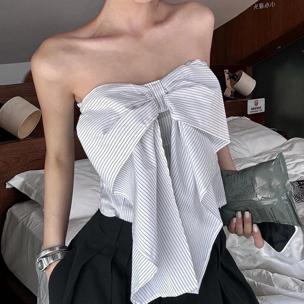 Gilet à la mode avec détail de nœud, gilet à la mode, Style fille chaude, haut rayé avec nœud noir, vêtements de vacances, tout neuf, usage quotidien