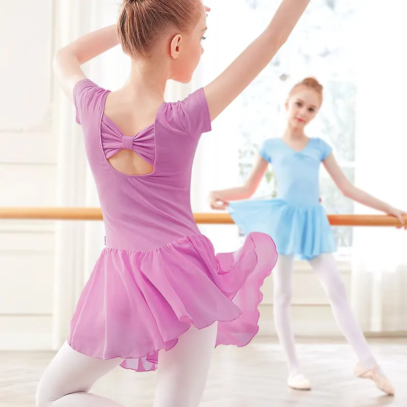 Girls Bowknot Kids Camisole Dance Leotards Chiffon Skirt Ballet Leotard Dress With Lining Dress Gymnastics Leotard