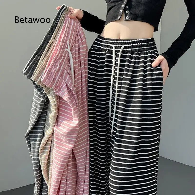 Women High Waist Striped Wide Leg Trousers Thickened Draping Fabric Straight Floor Length Pants Slimming Warm Bottoms For Sprin