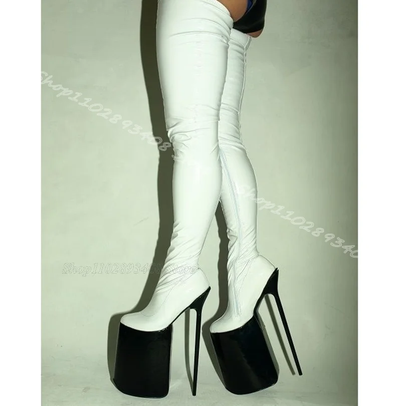 White High Platform Over Knee Boots Round Toe Stiletto Heels British Style Party Women Elastic Boots 2024 Zapatos Para Mujere