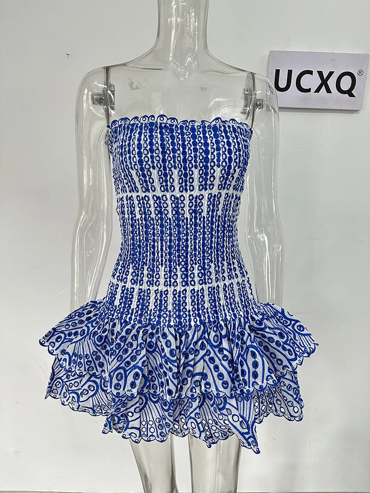 UCXQ Retro Blue Printed Hollow Out Design Slim Fit Ruffles Patchwork Strapless Sleeveless Dress Beach Holiday Dresses summer 430