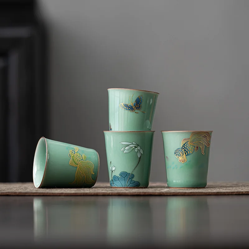 Vintage Celadon Good Fortune Lotus Small Ceramic Tea Cup Personal Tasting Cup for Home Office Use Kung Fu Tea Ceremony Gift