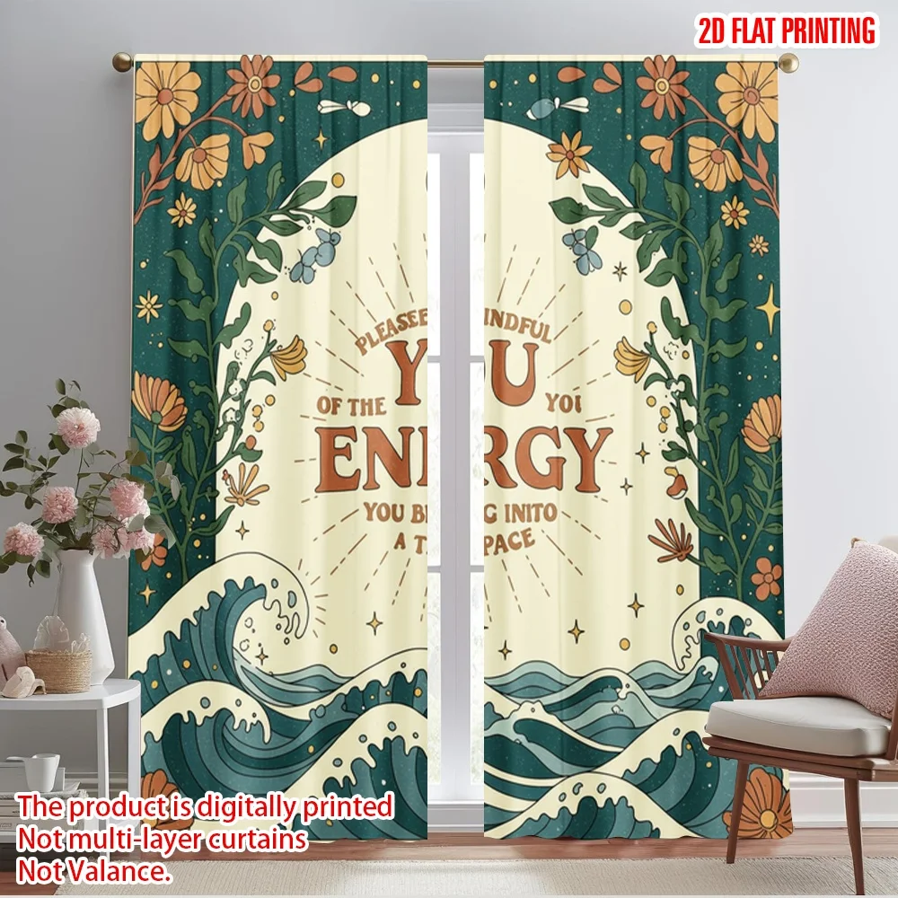 

2pcs 2D flat printing Drapes Please Mindful Energy Space Polyester Without Electricity Birthday Party for aesthetic room decor