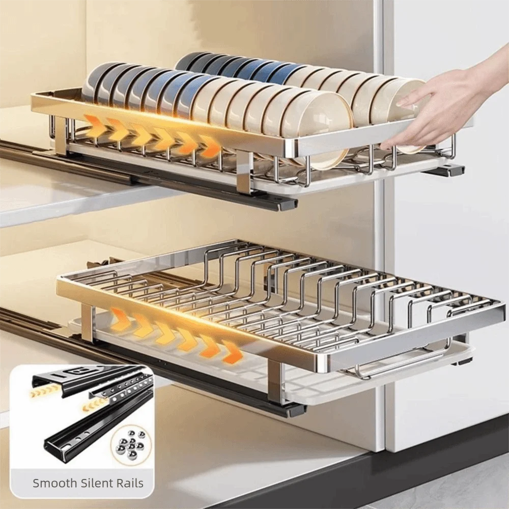 رف أطباق قابل للسحب من الفولاذ المقاوم للصدأ مع مقبض رفوف أطباق المطبخ مع صينية تصريف خزائن كبيرة منظم المطبخ