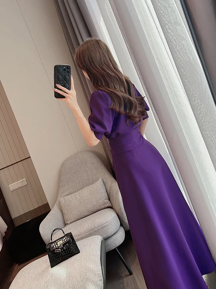 

VKBN Summer Dress Women Purple Lantern Sleeve High Waist Half High Collar Sashes Party Elegant Vestidos De Fiesta