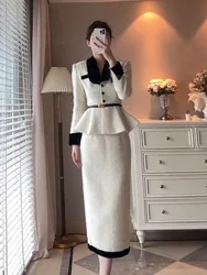 Elegant Women's White Small Fragrance Two Piece Skirt Set for Autumn and Winter New Two Piece Woolen Skirt Set