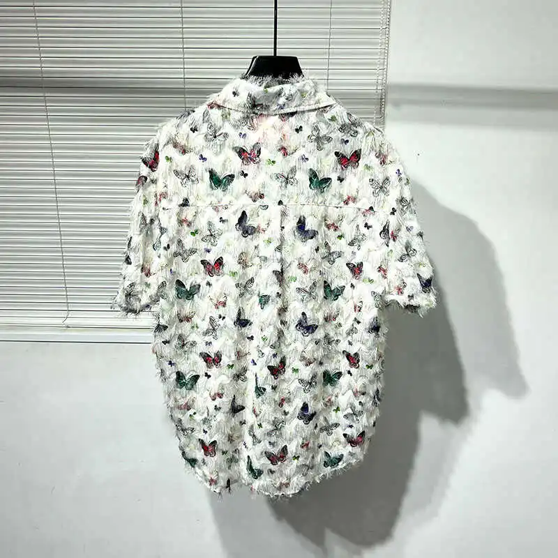 High Street Tassel Flower Shirt Women in Summer Fashionable Color Printed Loose Edge Casual Loose Shirt