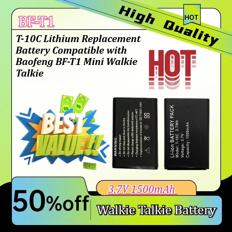 3.7V 1500mAh T-10C Lithium Replacement Battery Compatible with Baofeng BF-T1 Mini Walkie Talkie
