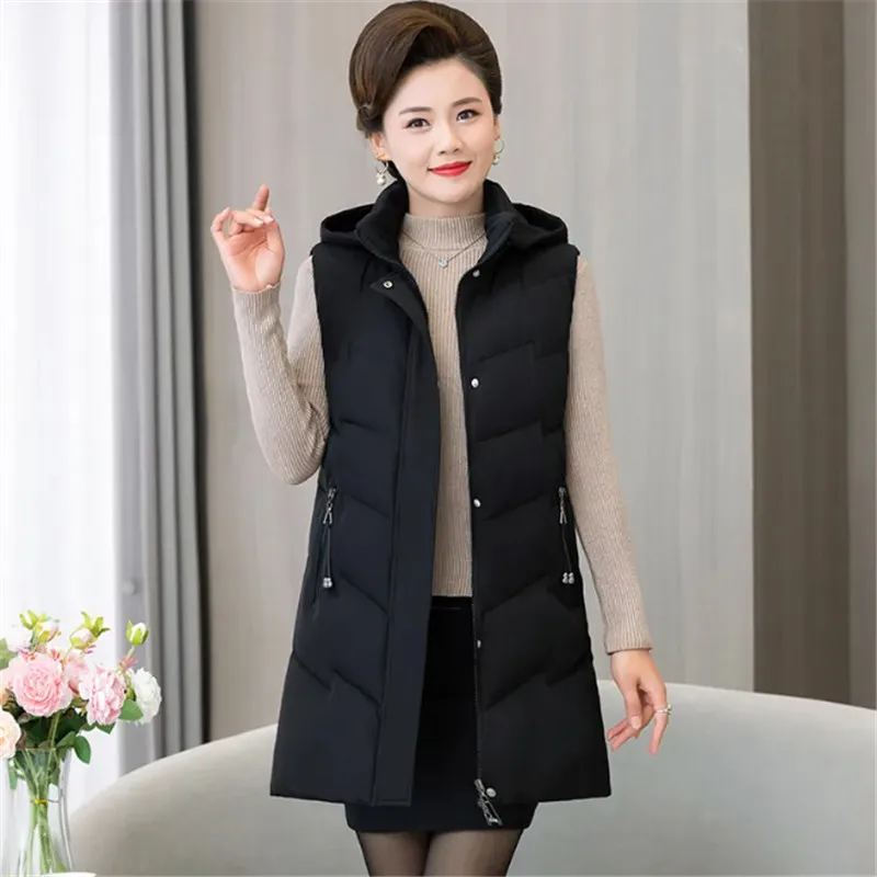 Gilet à capuche mi-long pour femme, manteau en duvet, gilets de couleur pure, poche, mode éducative, automne, hiver, nouveau, 2023