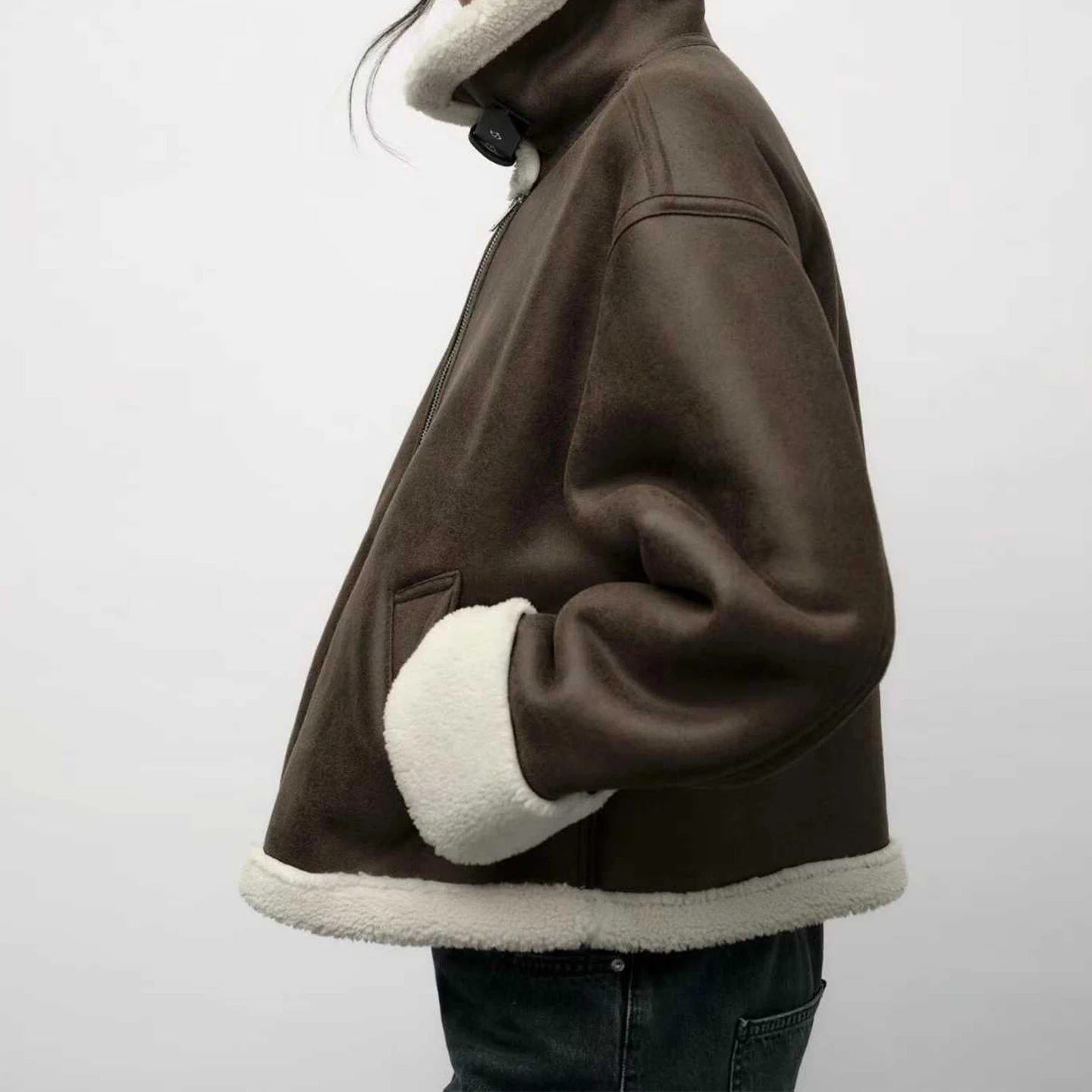 Z المرأة الرجعية طوق طويل Sve الفراء الجلود ort معطف دافئ الوقوف صالح السيدات ملابس خارجية للاستخدام اليومي خريف 2025 #3