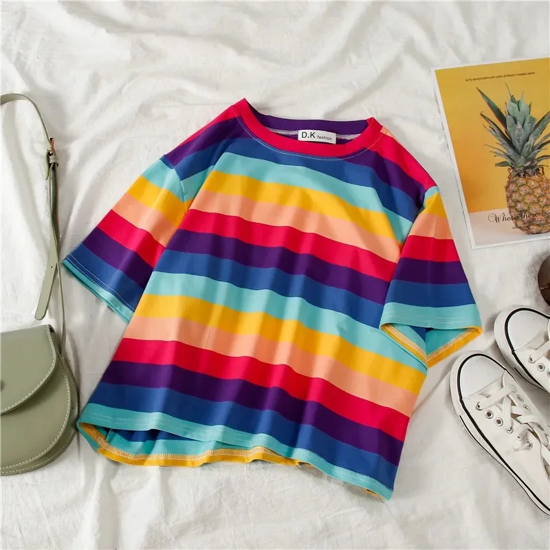 

New Women's Spring INS Rainbow Striped Short-sleeved T-shirt Trendy Design Children's Casual Sports Comfortable T-shirt