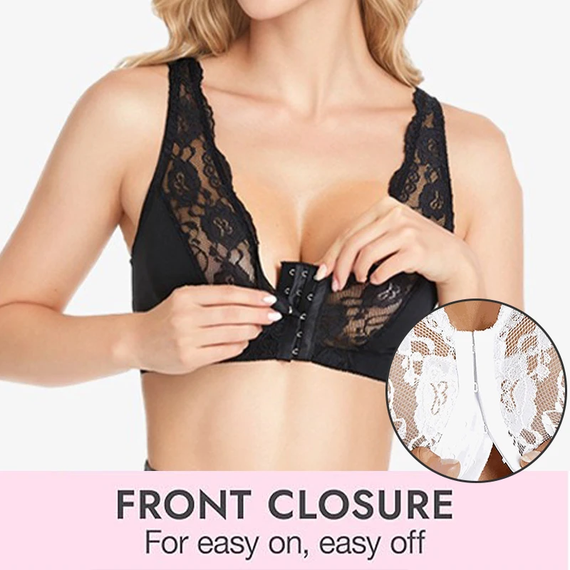 Dimmkof Buckle Closure Lace Bras Post Surgery Back Support Bra Wireless X-Shape Back Push Up Shapewear Top Unpadded Shaping Bra