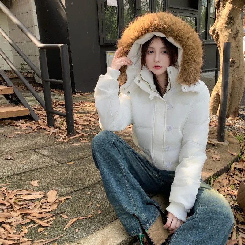 PinkyIsBlack Korean College Big Fur Collar Hooded Cotton Padded Jacket Women's Winter 2025 New Thick Short Puffer Jacket Clothes