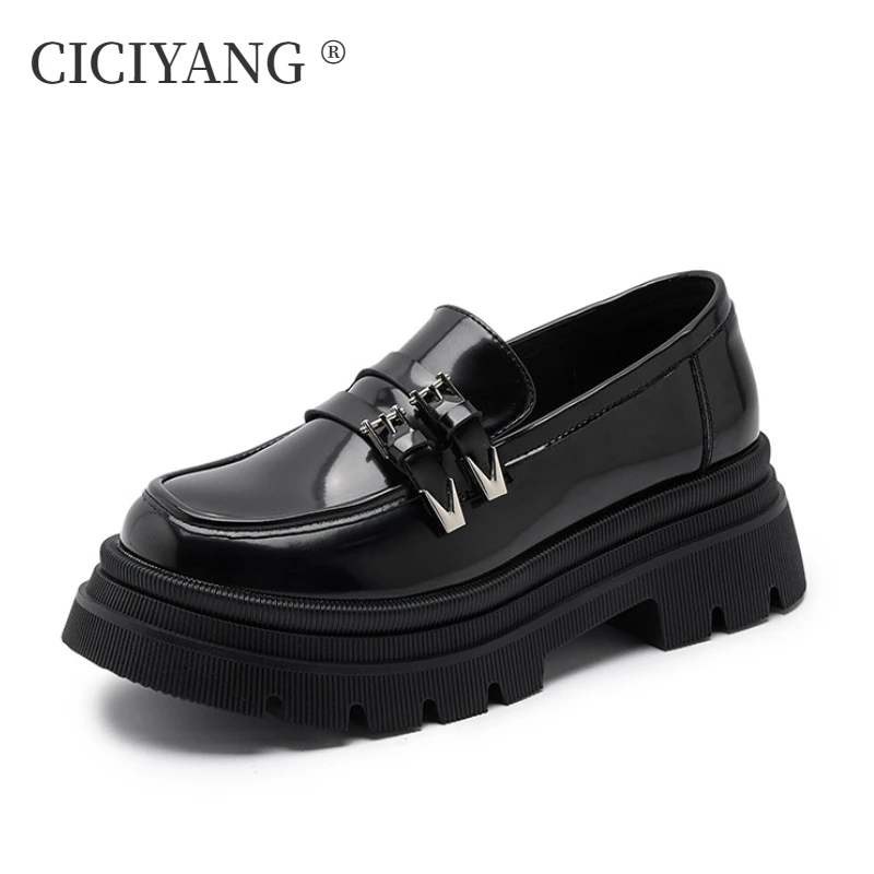 CICIYANG Loafers Women Genuine Leather 2024 Spring New Thick-soled High Heels Ladies British Style Girls Student JK Uniform Shoe