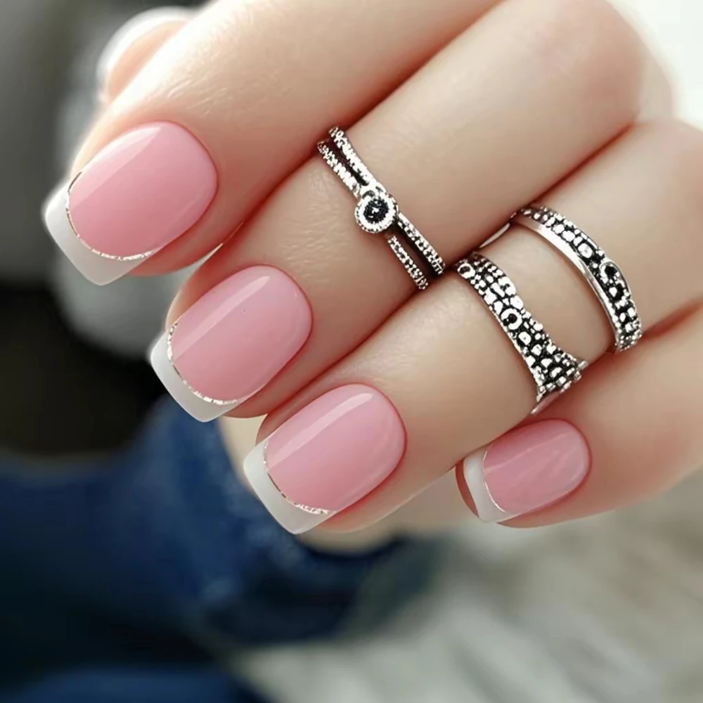 

24Pcs Reusable French Fake Nail With Glue Sticker Short Square Press On False Nails DIY Artificial Full Cover Tips Manicure Tool