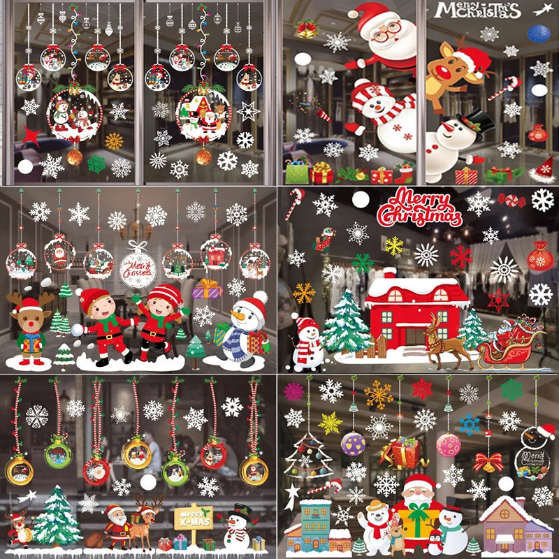 Merry Christmas Decoration Window Stickers Santa Claus Reindeer Snowflake Clings Xmas Tree Decals 2023 New Year Home Decorations