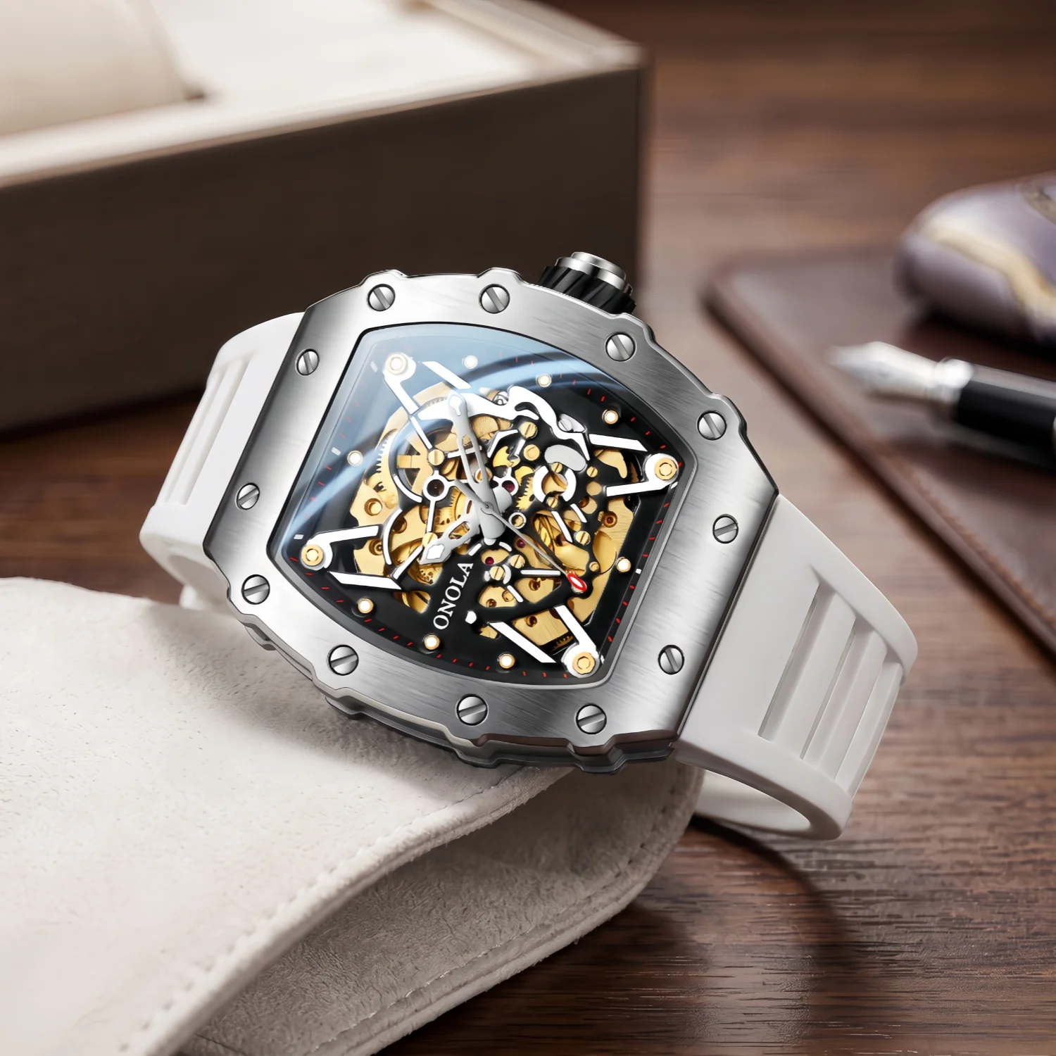 ONOLA men's mechanical watch, alloy case, fashionable sports and business style, hollow skeleton dial, gift for friends