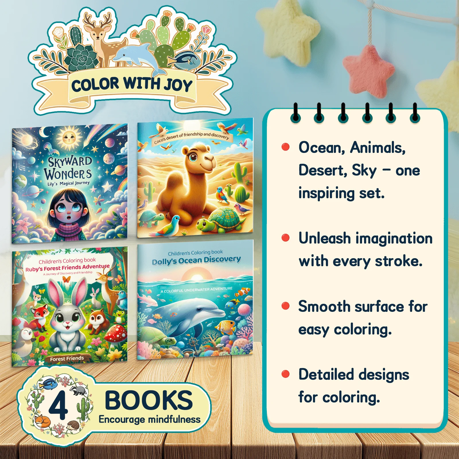 4-Book Children’s Coloring Book Set, Animal, Ocean Life, Desert and Sky Adventure Coloring Books for Kids