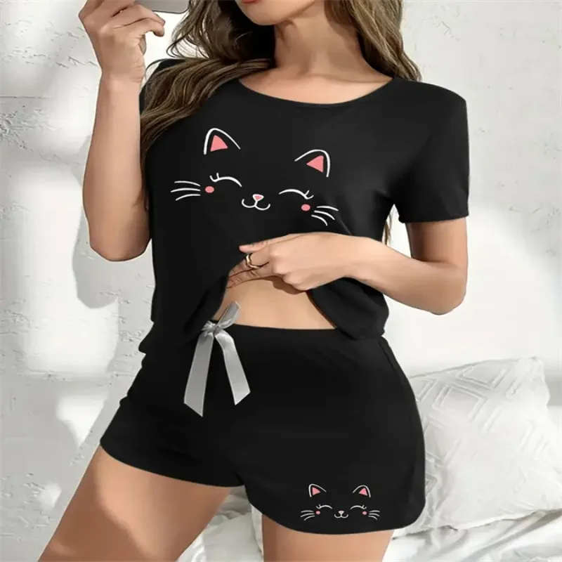 Women's Casual Printed Short Sleeve Pajama Set Round Neck Top  Shorts  European  American Style XL Size Sleepwear XL Size Cozy