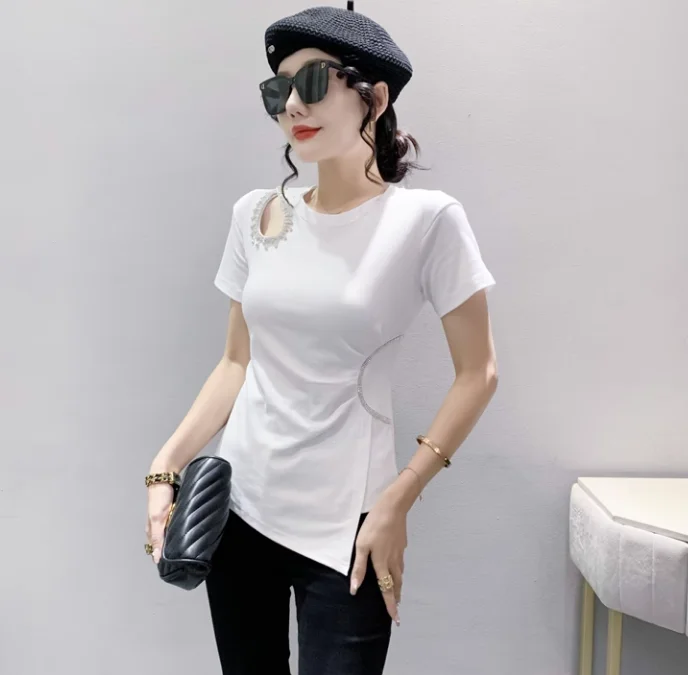 Cotton Tees Summer Women Luxury Diamonds Beaded T Shirts Blouses Short Sleeve Pink Irregular Hollow Out Nice Blousa Tops NS252