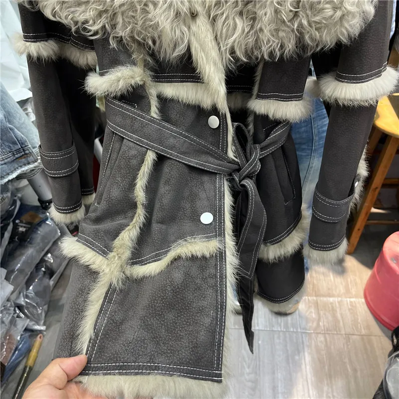 2023 Winter New Women Mid length Real Fur Coat Fashion Wool Collar Rabbit Fur Liner Warm Belted Jacket Ladies Outwear Y4481