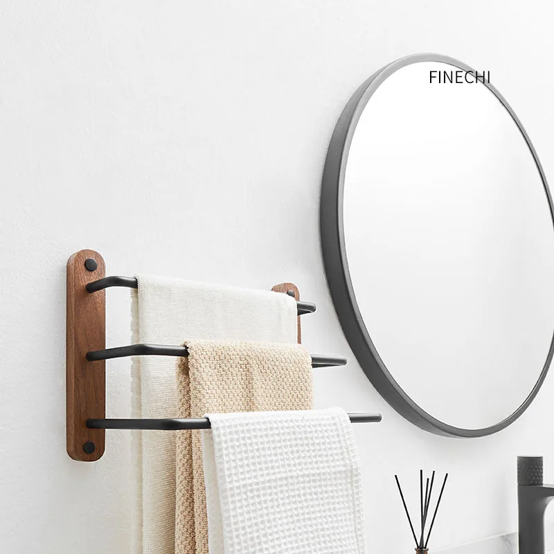 Walnut Bathroom Towel Bar Wall Mounted Towel Rack Black Aluminum Towel Hanger Toilet Towel Holder 30-50cm Multi Rod Hanger