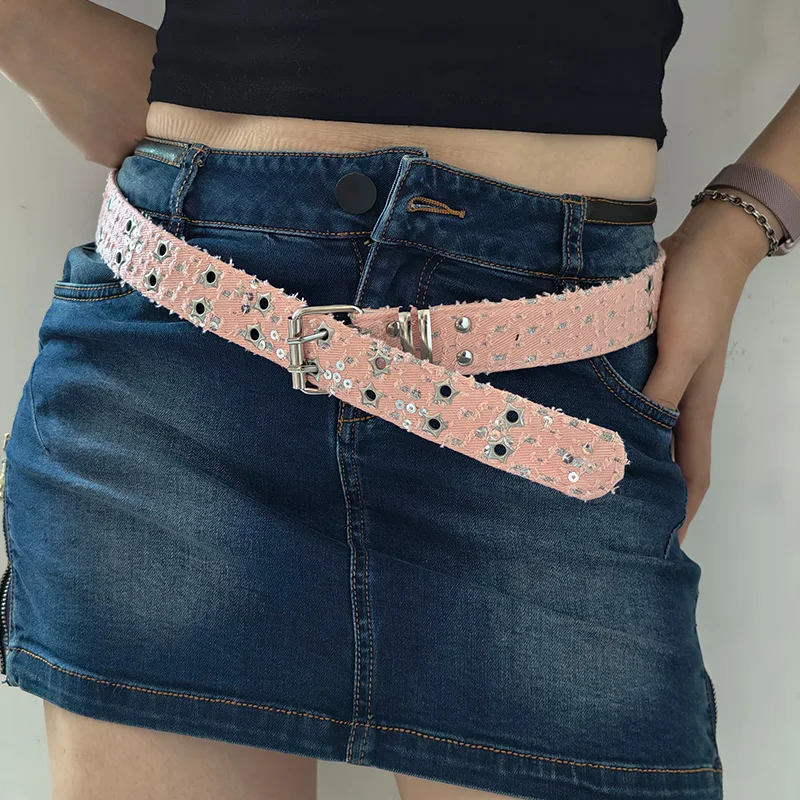 Ceintures en tissu Denim à œillets Punk Star pour femmes, marque de luxe haut de gamme, unisexe, jean rétro gothique, ceinture bleue Y2K rose