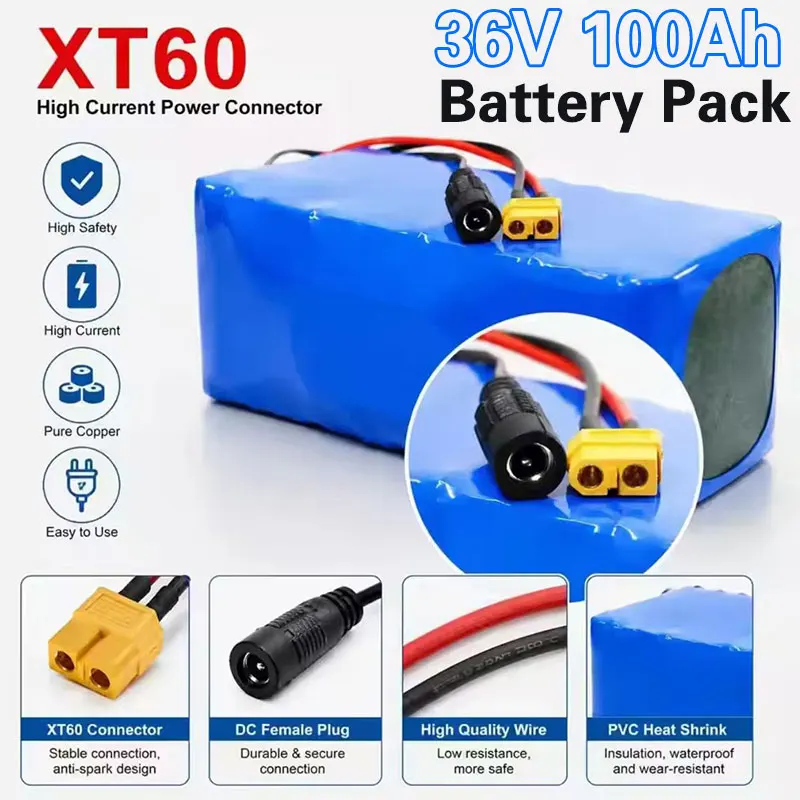 Pacco Batteria al Litio 10S4P 36V DC-T 100Ah 18650 Ricaricabile con Connettore XT60 per Monopattino Elettrico e Bicicletta Elettrica Magazzino UE