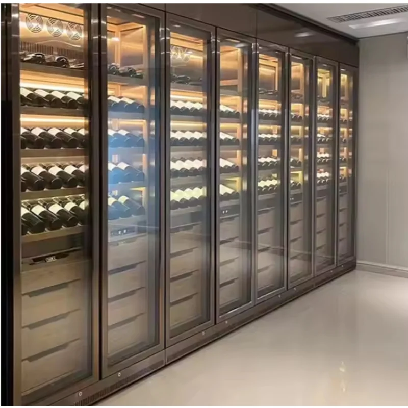 Custom. الفولاذ المقاوم للصدأ التجارية الطابق إلى السقف النبيذ عرض الرف أثاث المنزل الزجاج عرض خزانة مشروبات