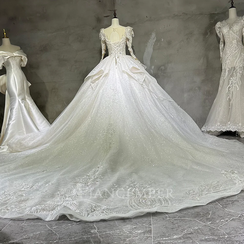 Long Sleeve 2025 New Design Bohemian Wedding Dress O-Neck Beaded Ball Gown Customized Bride Princess فساتين حفلات ا