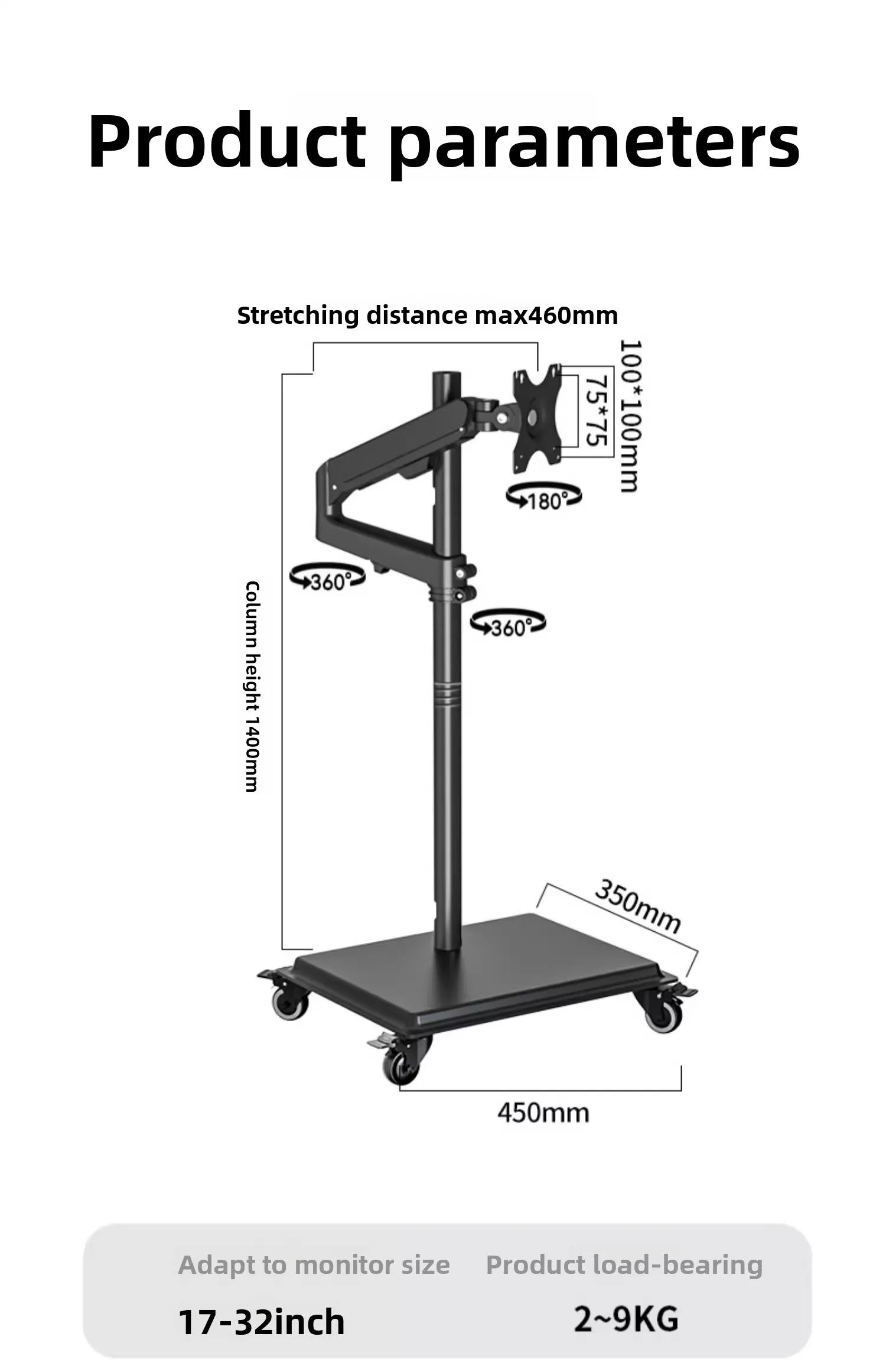 Height Adjustable Mobile Workstation with Extended Keyboard Tray for Computer Monitor Floor Stand