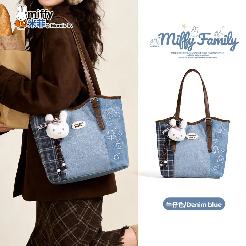 

Miffy Denim Shoulder Bag with Retro Plaid Patchwork Tote Bag for Daily Commuting Casual Minimalist Handbag Shopping Bag Gift