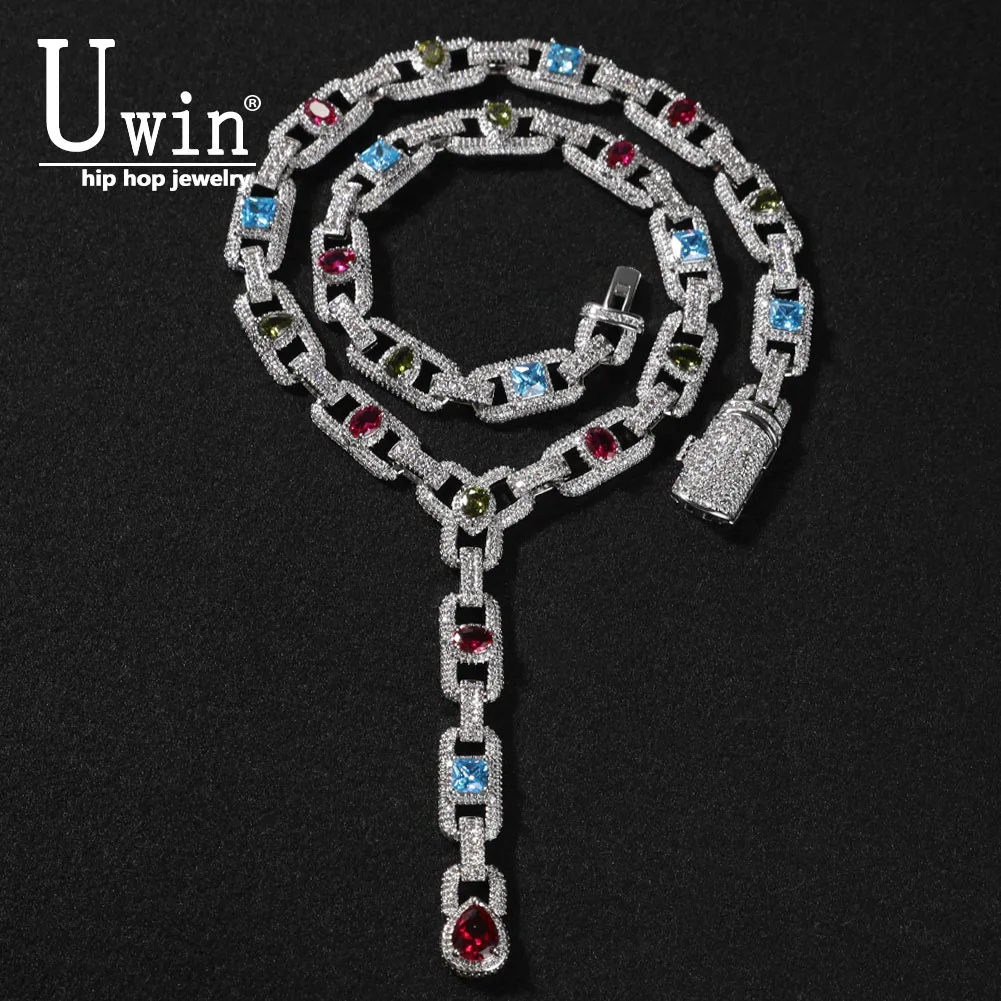 

UWIN Multicolor Cluster Necklace Baguette Full Iced Out CZ Inlay Luxurious Choker HipHop Jewelry