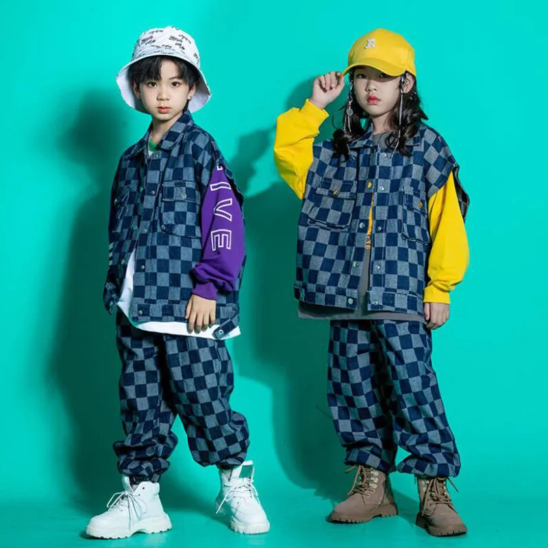 Kids Showing Kpop Outfits Hip Hop Clothing Checkered Denim Jacket Vest Joggers Pants For Girl Boy Jazz Dance Costume Clothes