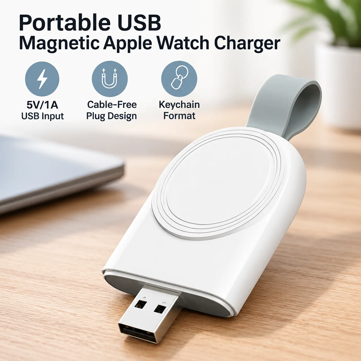 Portable USB Magnetic Charger for Apple Watch Series 11, Ultra 3 and SE 3, Cable-Free Plug Design, Keychain Format, 5V/1A USB Input, Compact 6.5 x 3.8cm Wireless Watch Charging Dock for Home, Office and Travel