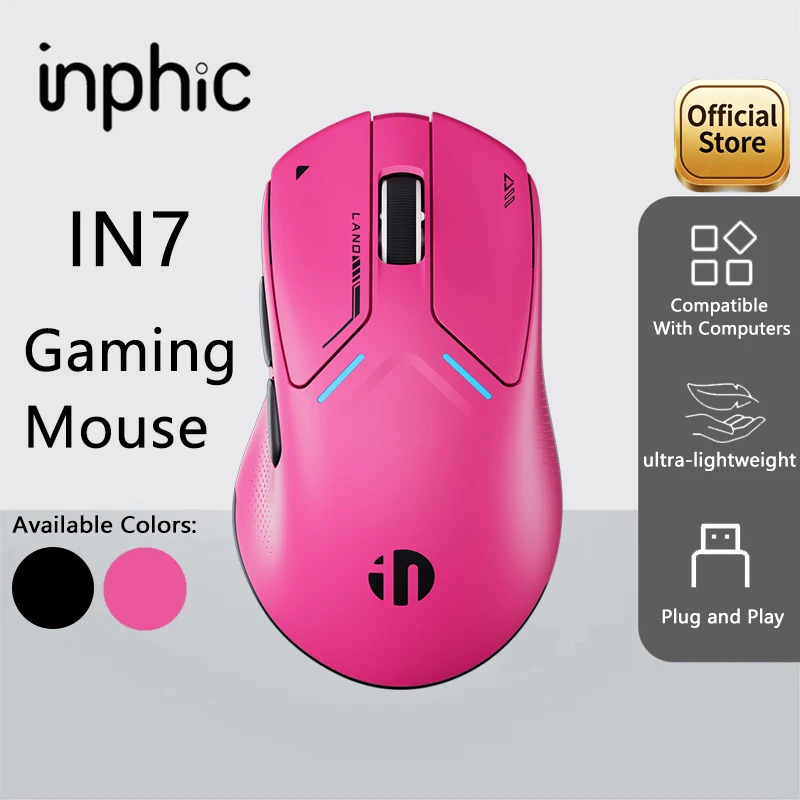 INPHIC IN7 Wireless Gaming Mouse Tri-Mode BT 2.4G Wired 60g Light Ergonomic 30000DPI Rechargeable Mice for Office Game PC Laptop